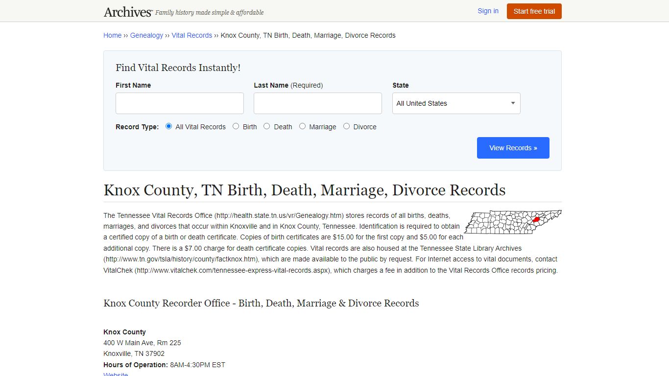 Knox County, TN Birth, Death, Marriage, Divorce Records